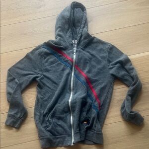 Aviator Nation Gray Hoodie with Red and Blue Stripes “Pray for Snow”